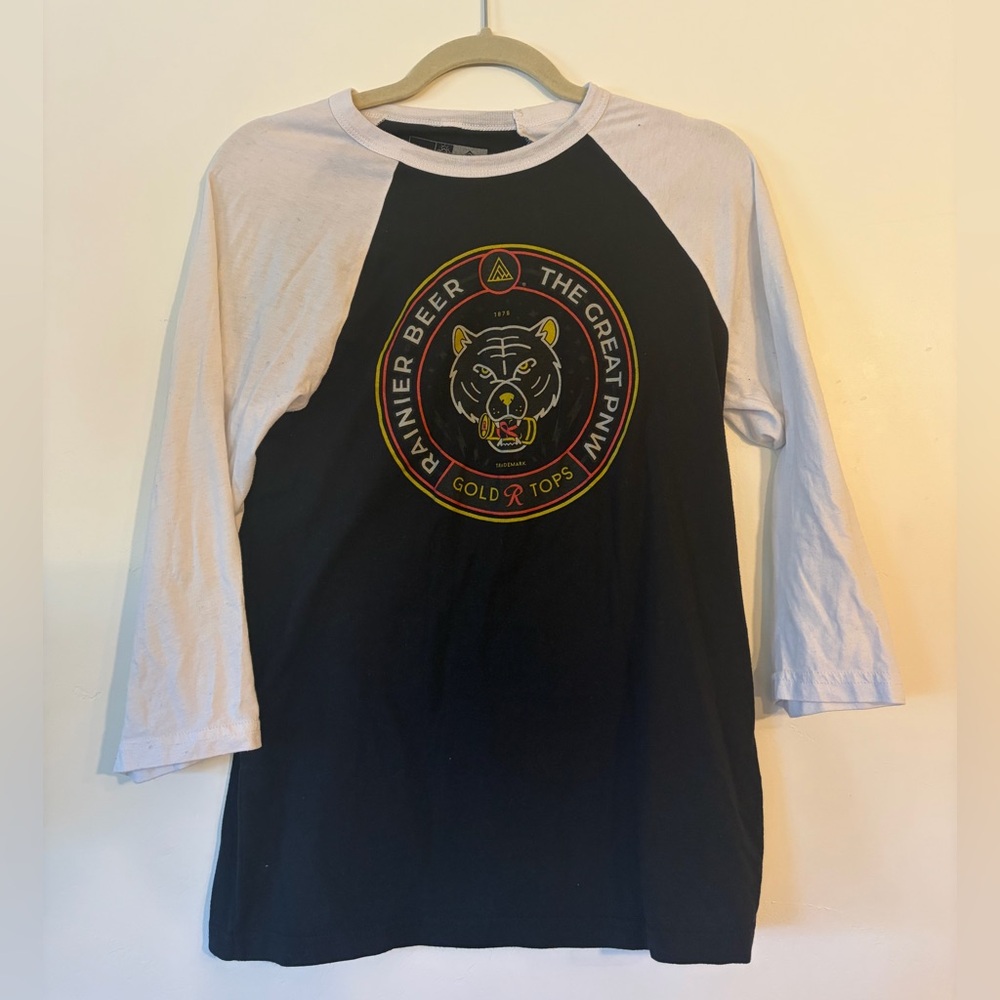 Rainier Beer Women’s Medium Baseball 3/4 sleeve black and white shirt with bear